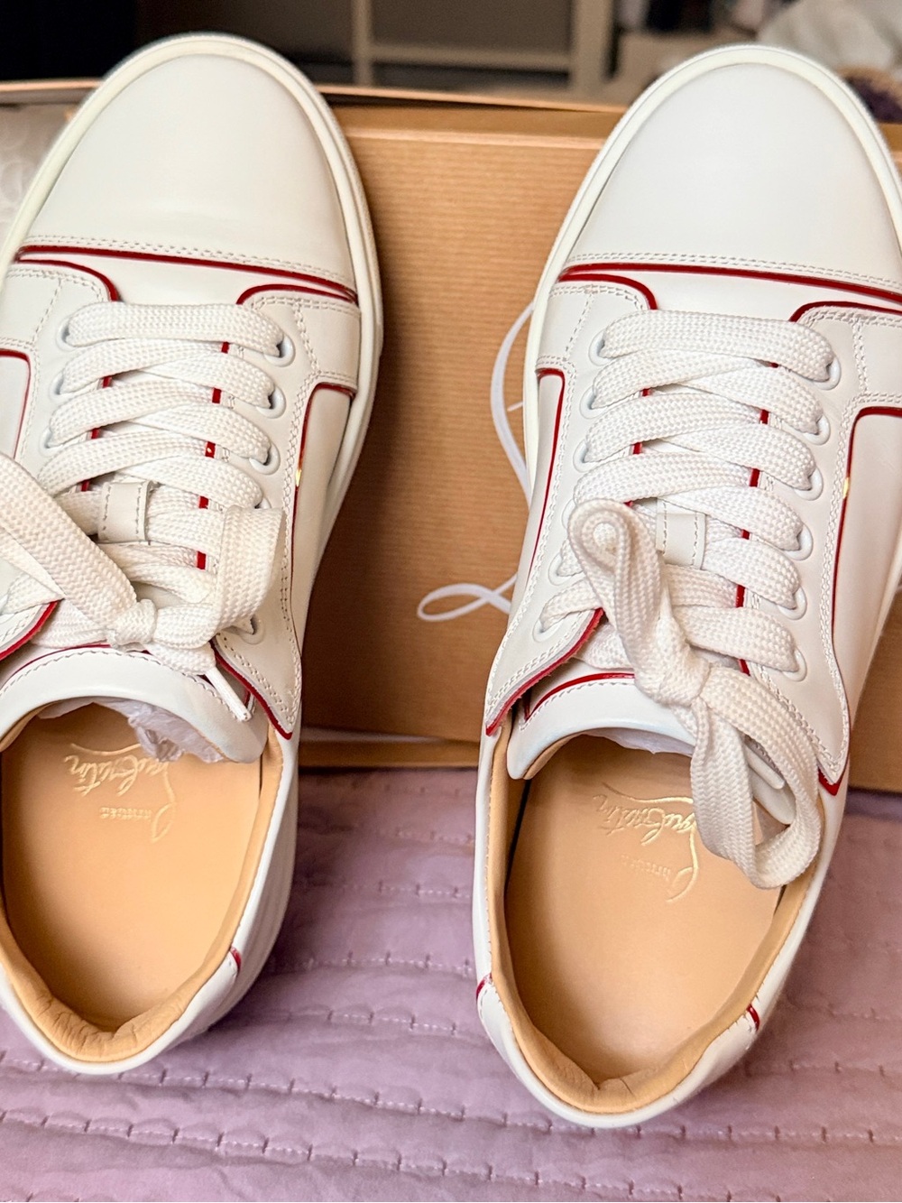 Christian Louboutin White Leather Low-Top Sneakers with Red Piping